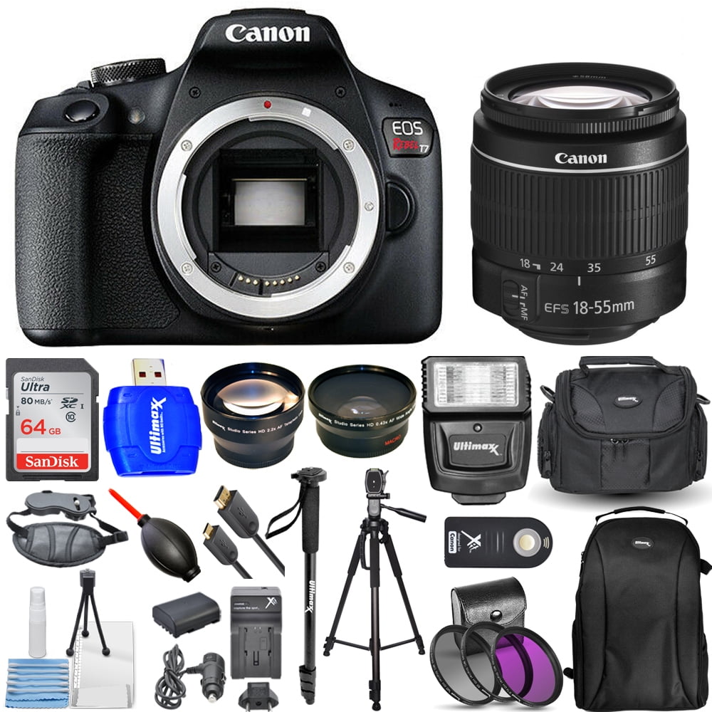 Canon EOS Rebel T7 1855mm III Lens Bundle with Extra Battery, 64GB SD, Flash, Filter Kit