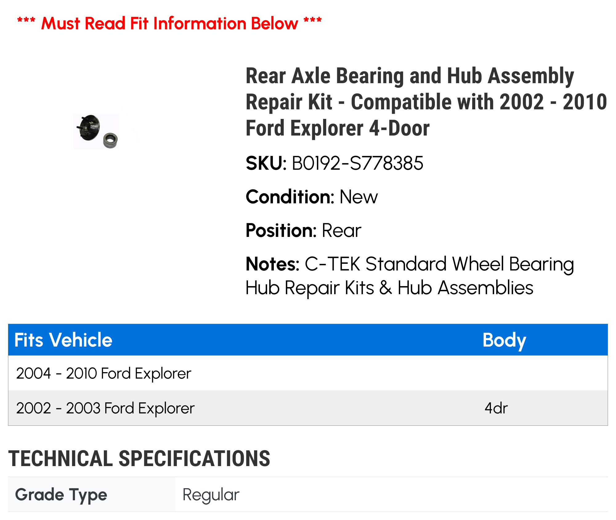 Rear Axle Bearing and Hub Assembly Repair Kit - Compatible with 2002 - 2010 Ford Explorer 4-Door 2003 2004 2005 2006 2007 2008 2009 - image 2 of 2