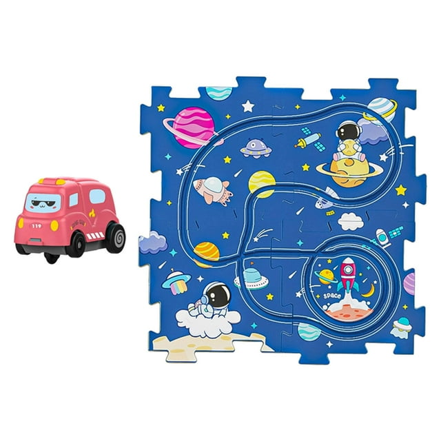 Tachiuwa Kids Race Tracks Learning Stem Montessori Activity Puzzle Track with Vehicle for 4Pcs puzzle space