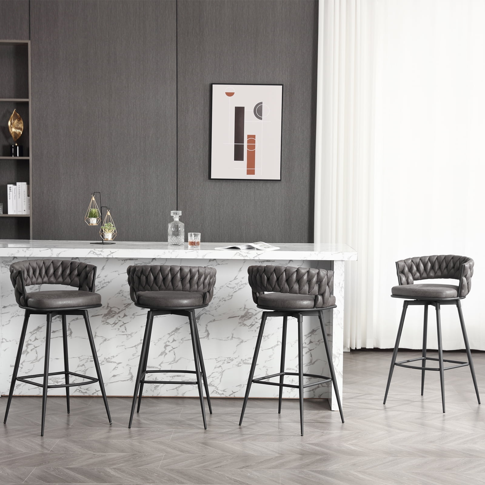 26" Bar Stools Set of 4, 180° Swivel Counter Height Barstools with Woven Back and Footrest, Upholstered Bar Chairs for Kitchen Island, Cafe, Pub, Bar Counter, Blackgrey