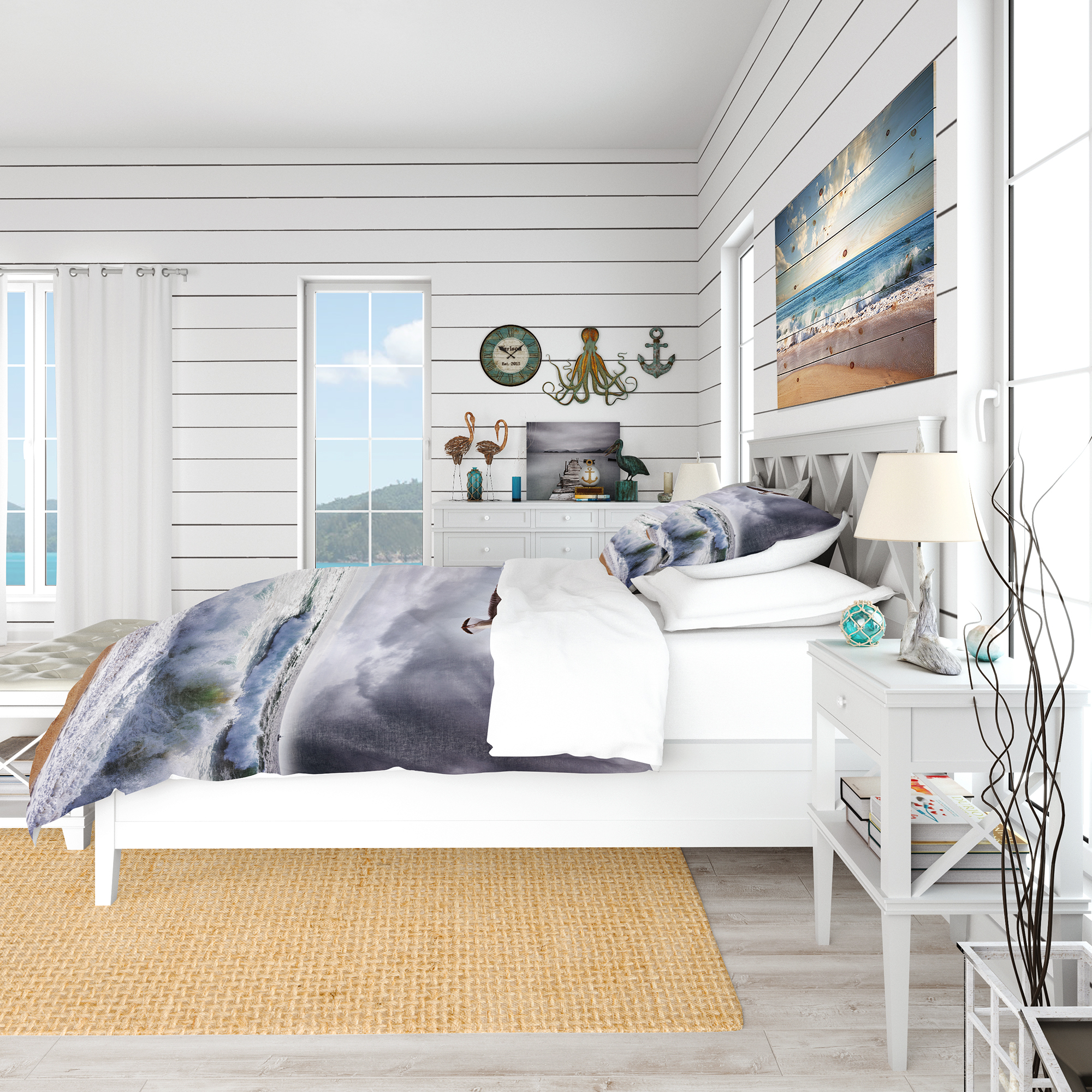 Designart 'Large Seagull Over Stormy Waves' Coastal Duvet Cover Set