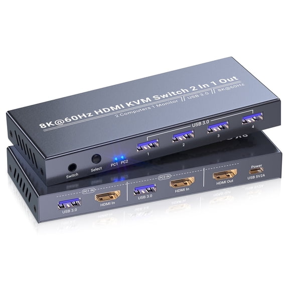 KVM Switch 2 Computers 1 Monitor, 8K60Hz USB 3.0 HDMI KVM Switch for 2 PCs Share 1 Set Keyboard Mouse Monitor