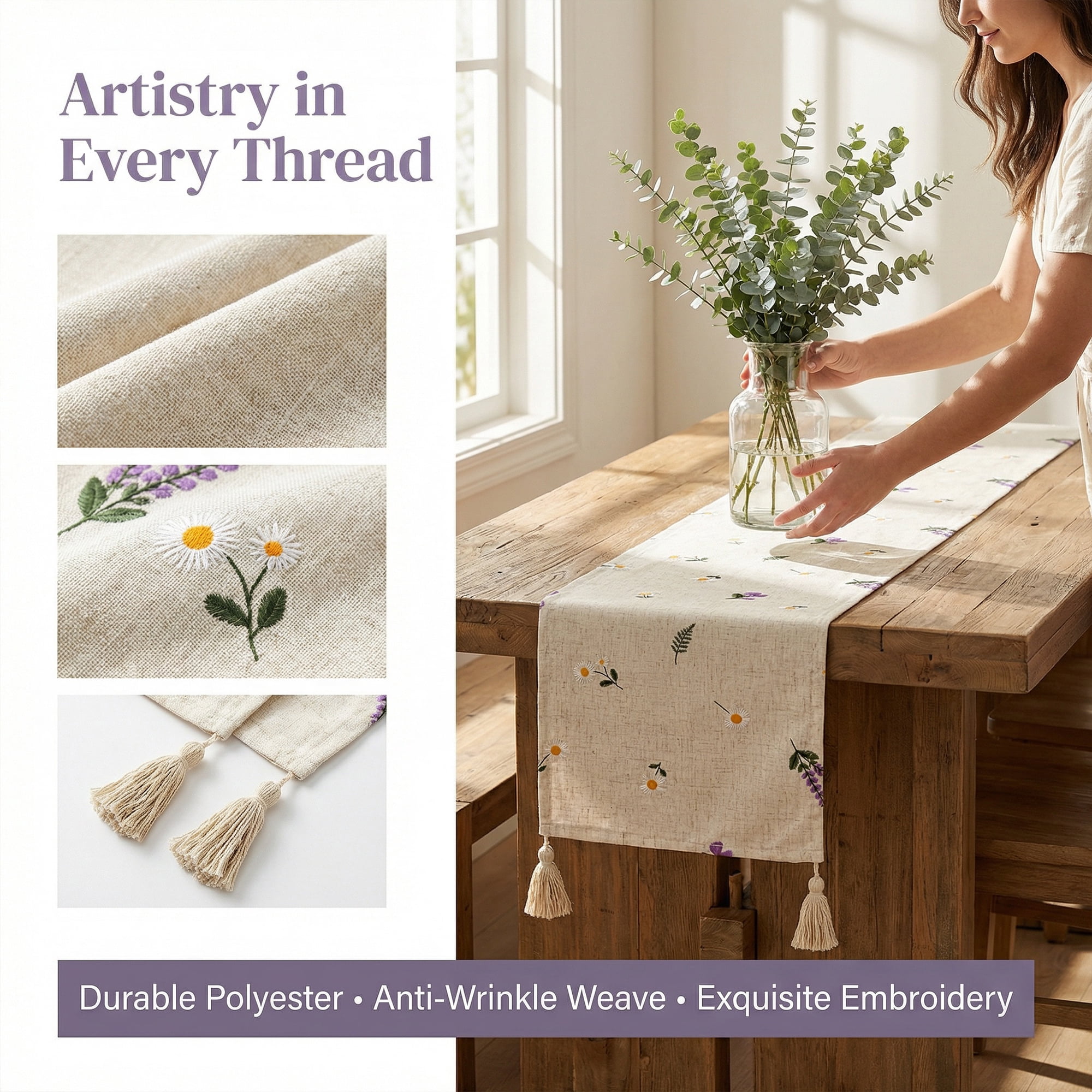 Unique Bargains Table Runner for Kitchen Decor with Tassel Lavender 11.8x70.9in