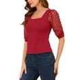 thumbnail image 4 of MODA NOVA Juniors Polka Dots Square Neck Semi Sheer Mesh 3/4 Sleeves Blouse, 4 of 6