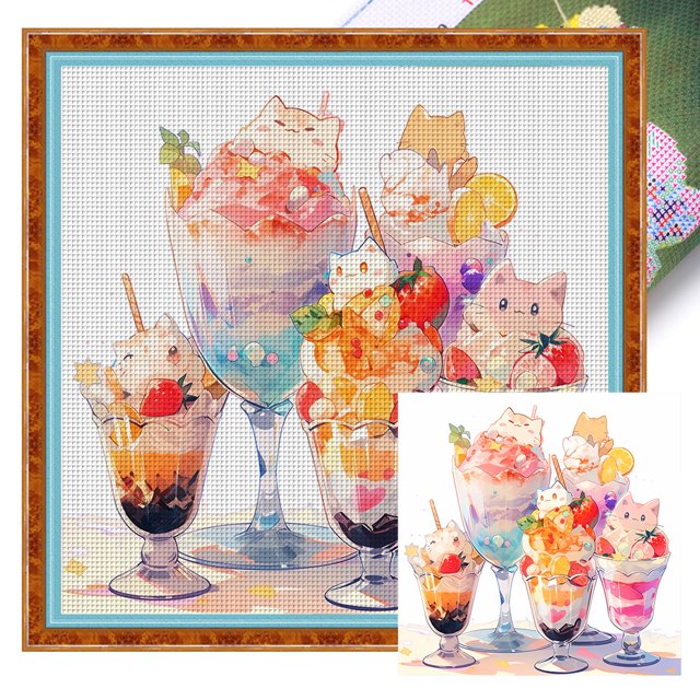 Hilo Algodón Ecológico Bordado Punto Cruz Helado Gato Impreso 11CT 50x50cm