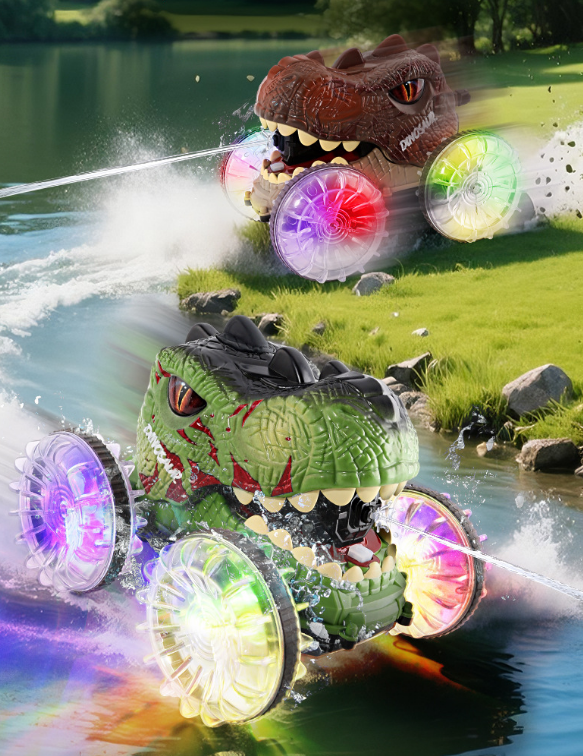 JoyStone Dinosaur Amphibious Remote Control Car for Water & Land with Water Machine, RC Monster Truck Toys with LED Lights, 360° Spins and Drifting for Boys Girls, Brown