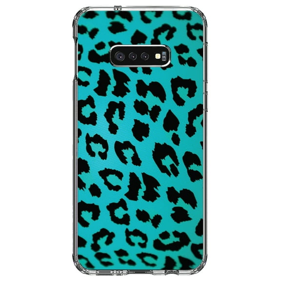 DistinctInk Clear Shockproof Hybrid Case for Samsung Galaxy S10e (5.8" Screen) - TPU Bumper, Acrylic Back, Tempered Glass Screen Protector - Teal Black Leopard Skin Spots