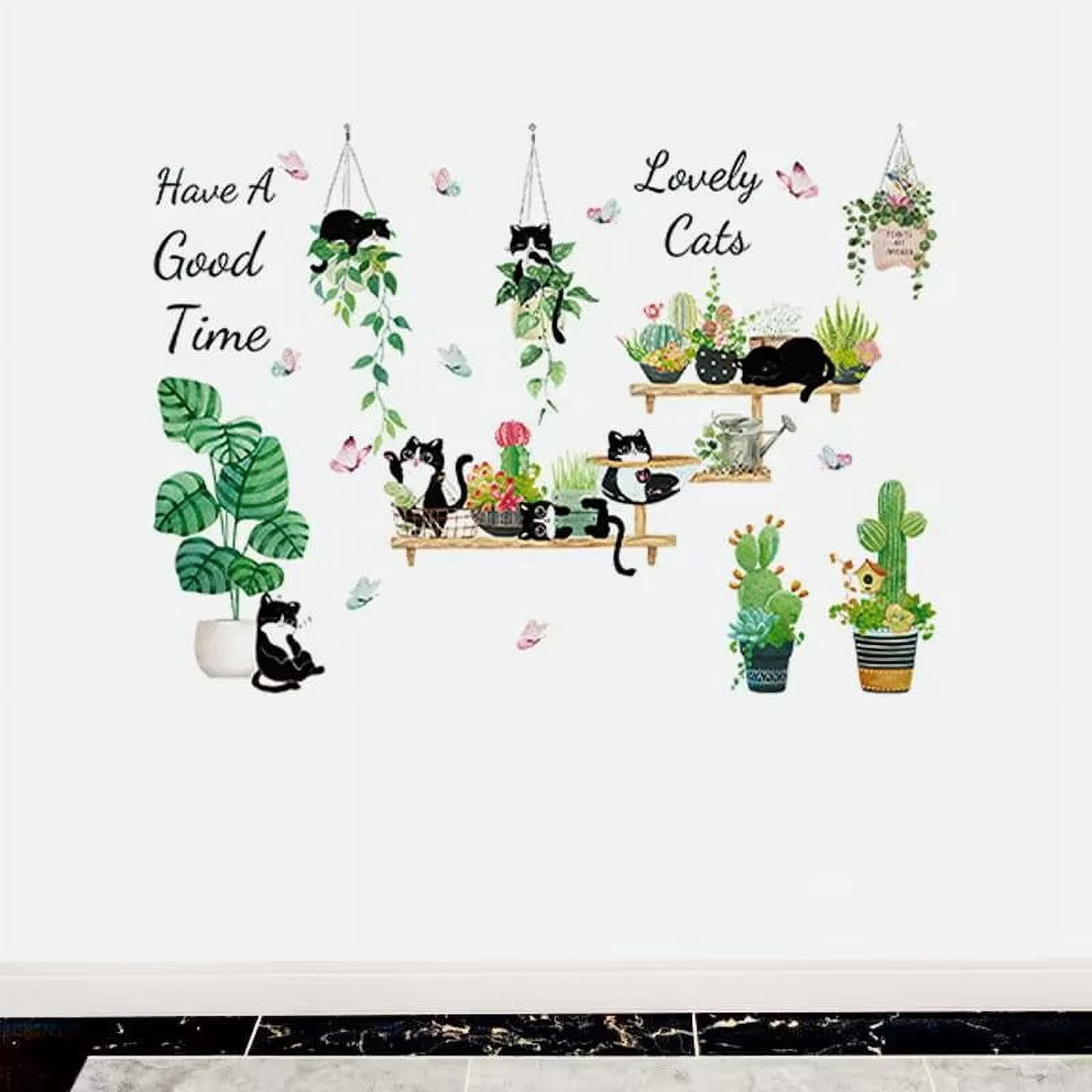 Green Potted Plant Cactus Wall Decal Cute Black Cat Stickers, Creative Tropical Bonsai Flower Cactus Wallpaper, Removable Animal Art Mural for Bedroom Kitchen Nursery Home Decoration