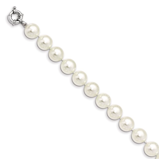 925 Sterling Silver 12 13mm Blanc Simulé Shell Perle Main Nouée Bracelet Perle Perlé