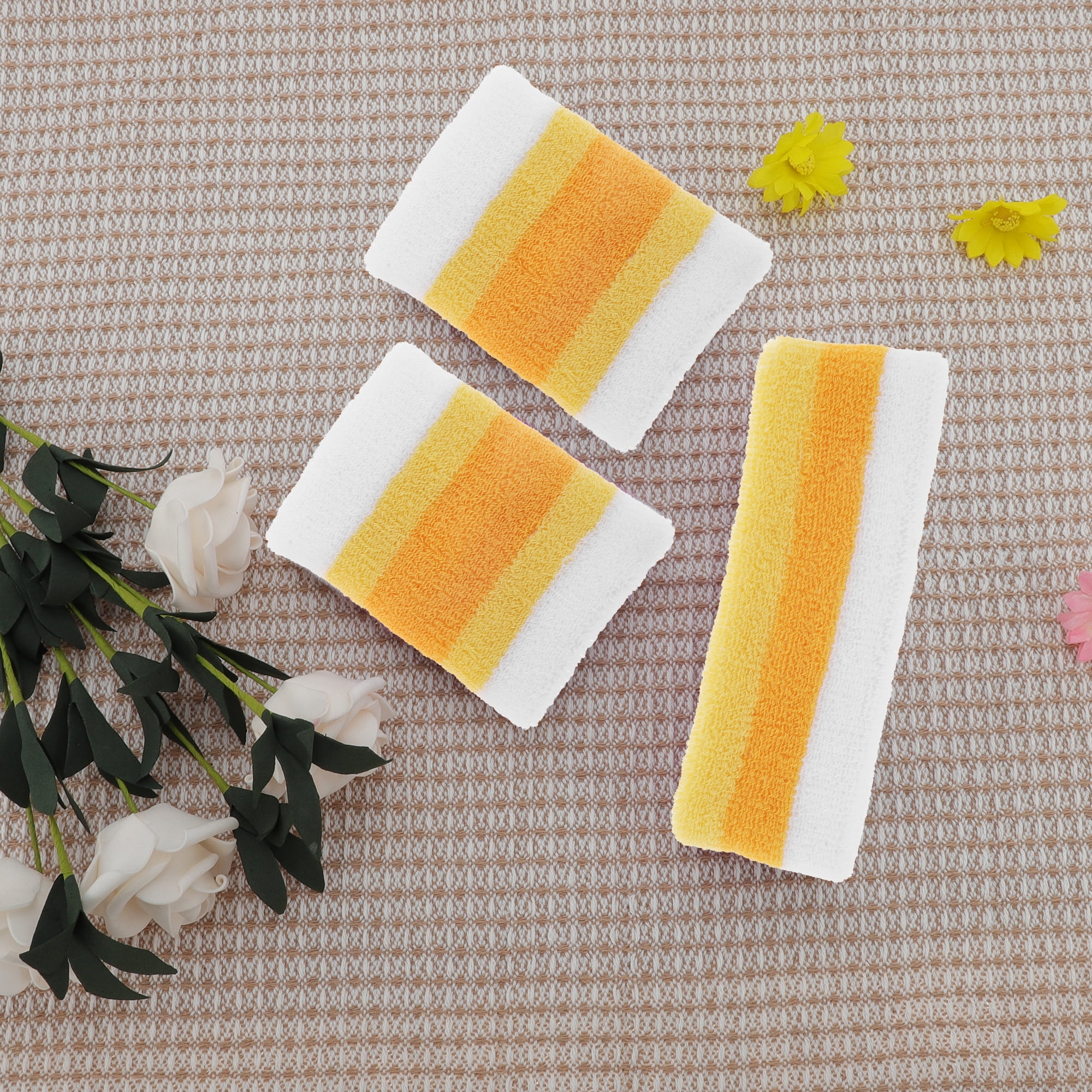 Unique Bargains 3Pcs Comfortable Headband With Wristband Sweat Headband White Yellow