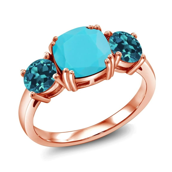Gem Stone King 18K Rose Gold Plated Silver Green Turquoise and London Blue Topaz 3 Stone Engagement Ring for Women (3.40 Cttw, Gemstone, Cushion 8MM, Size 7)