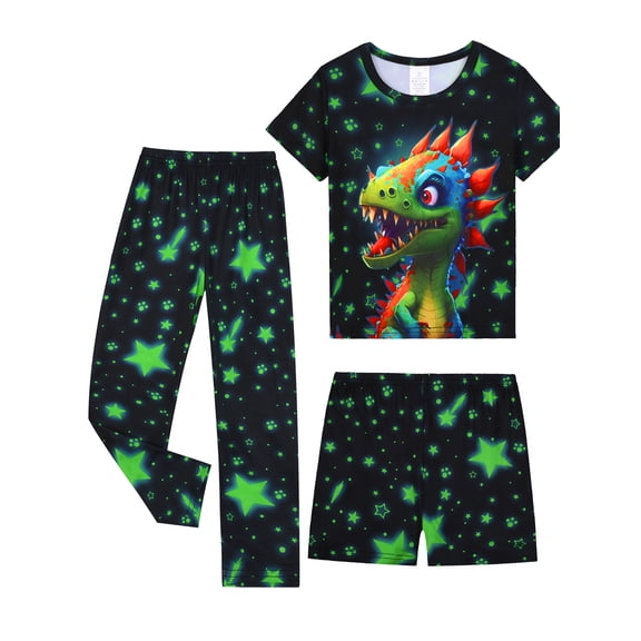 QEFJNO Boys 3-Piece Summer Pajama Sets Kids Dinosaur Pjs Short Sleeve Sleepwear Shirt Shorts Pants 3-12Y
