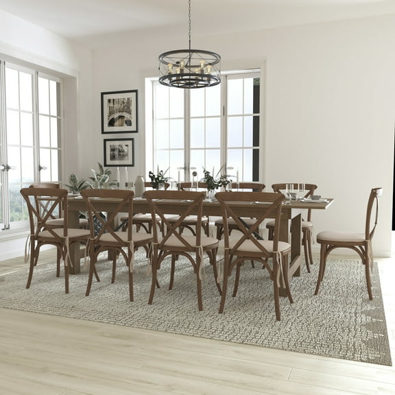 Flash Furniture HERCULES Series 9' x 40'' Antique Rustic Folding Farm Table Set with 10 Cross Back Chairs and Cushions