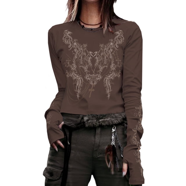 Faithtur T-Shirt Décontracté pour Femmes Col Rond Manches Longues Motif Totem Vintage Imprimé Tops Bas Tee Outwear