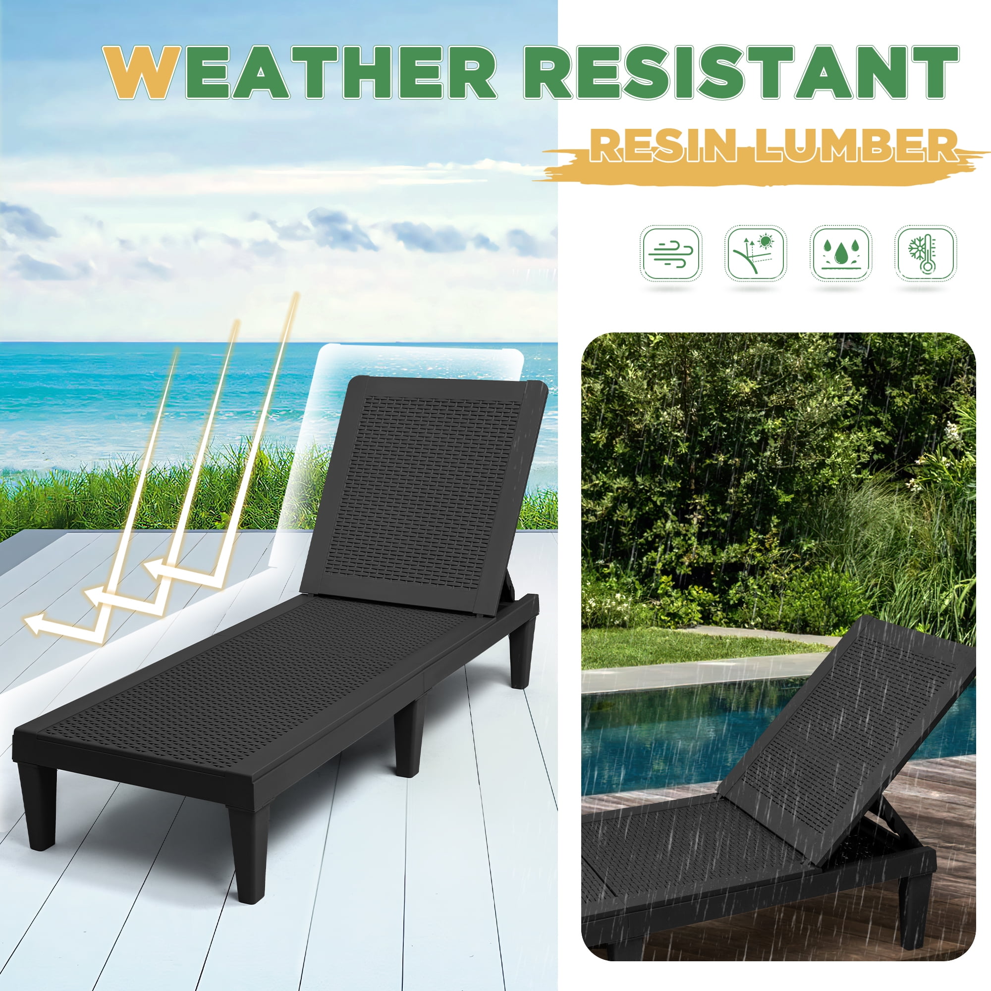 Devoko Set of 2 Outdoor Patio Chaise Lounge Chairs, Rattan Style, Multi-angle Adjustable Back, Black