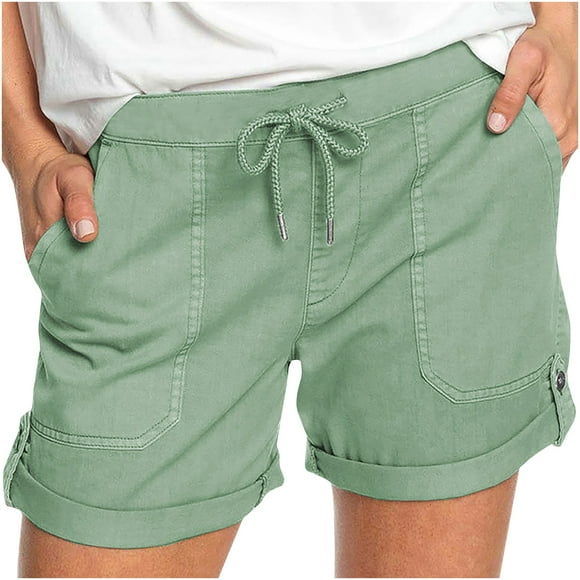 Shorts pour Femmes Grande Taille Décontractés Couleur Unie Confortables Taille Haute Pantalons pour Femmes Mode Coupe Ample Entraînement Extensibles Légers Fête Vacances Plage Shorts avec Poche (Vert, TTG)