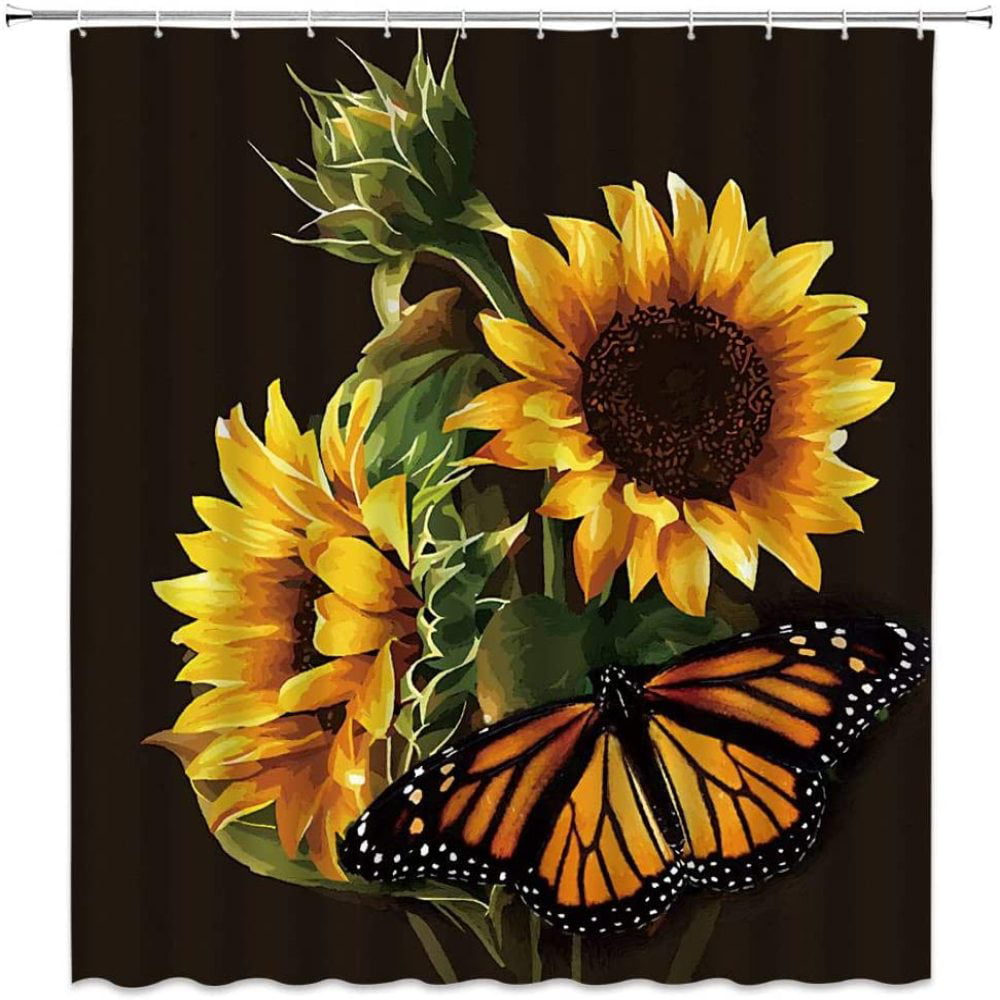 Black Backdrop Sunflower Butterfly Funny Words Shower Curtain Set Bathroom Decor 