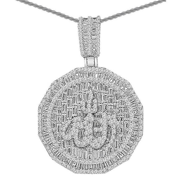 Baguette 28  Grams Real Silver 2.25 Cwt. Allah Muslim Pendant Charm Chain Set