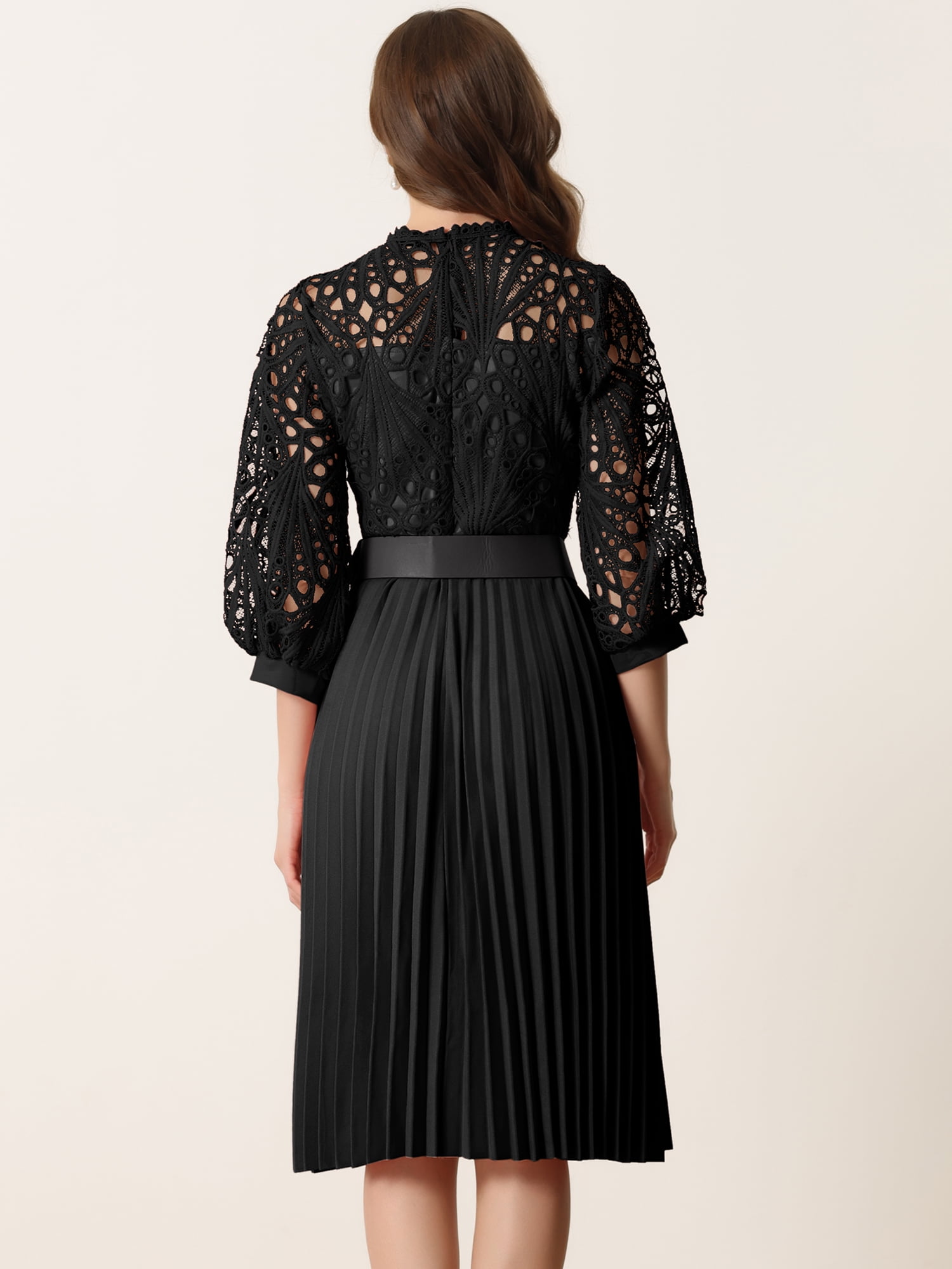 DARING DIVA Women's Lace Crochet Lantern Sleeves Casual Crew Neck Pleated Dress M Black