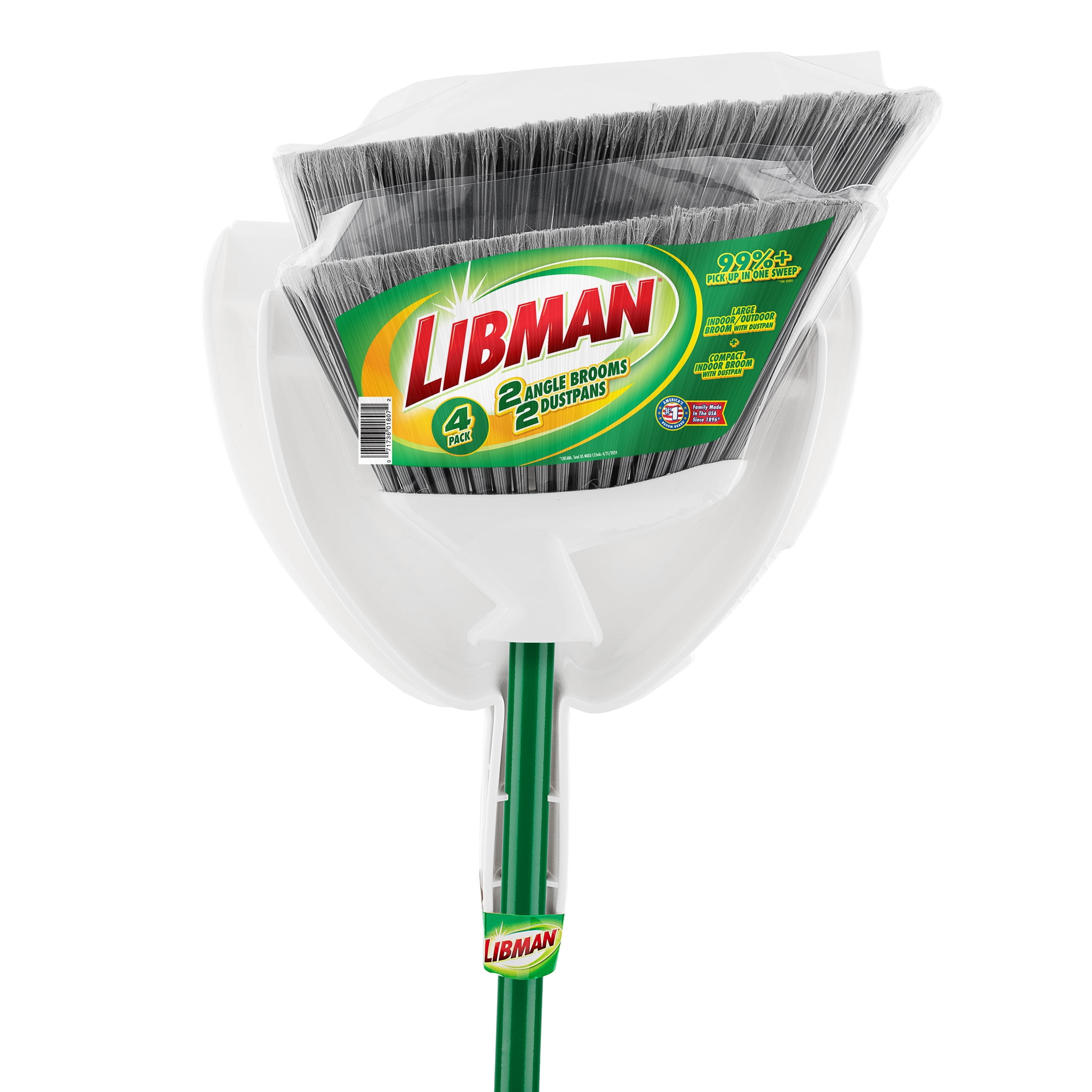 Libman Angle Brooms and Dust Pans Value Pack Green / White Steel Handle (2 Brooms 2 Dustpans)