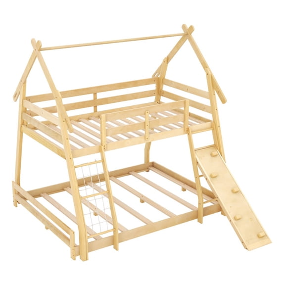 Furnibear Twin Over Queen Bunk Bed Wooden Kids Bed Frame with Climbing Nets Ramp and House Roof for Kids Bedroom, Natural