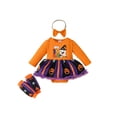 thumbnail image 2 of Aojekbee Baby Girls Halloween Outfits Letter Pumpkin Print Long Sleeve Romper Dress and Cute Headband Leg Warmer Set, 2 of 10