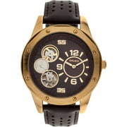 Men's Round Polished Gold Case Semi-Automatic Watch, Genuine Brown Leather Strap