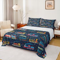 Homewish Cartoon Train Car Twin Sheet Sets,Multicolor Polka Dots Twin Fitted Sheet,Deepblue Orange Flat Sheet For Boys Kids,Luxury Bedroom Decor,3-Piece