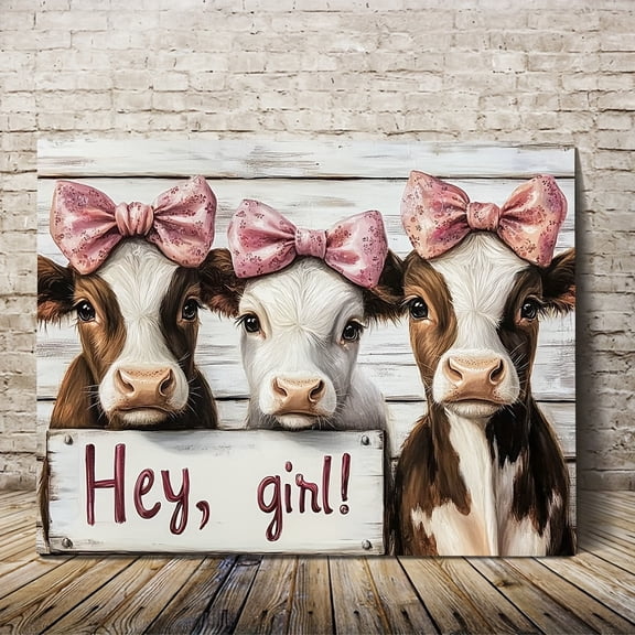 Room Decor 1pc Farmhouse Chic Cow Canvas Art Print, "Hey, Girl!" Pink Bowtie Cows Wall Decor, Major Material Canvas, for Living Room, Bedroom, Home Office