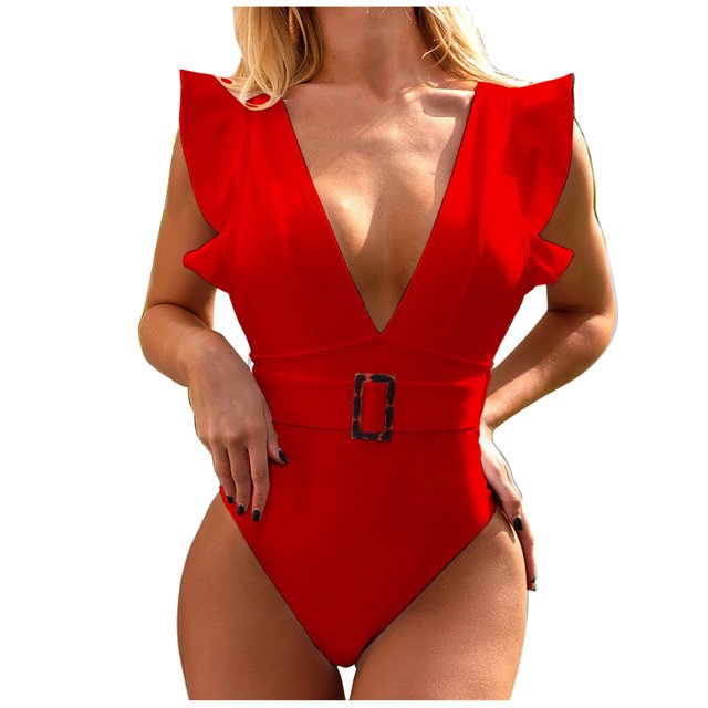 KIHOUT One Piece Swimsuit for Women Ladies Solid Color Sexy Ruffled Backless Chest Pad Swimsuit Beachwear Set