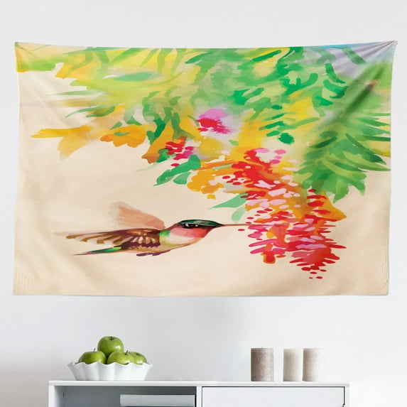 Hummingbird Tapestry, Art Lily Flowers Birds and Color Splashes in Watercolor Painting Style, Fabric Wall Hanging Decor for Bedroom Living Room Dorm, 2 Sizes, Orange and Blue, by Ambesonne