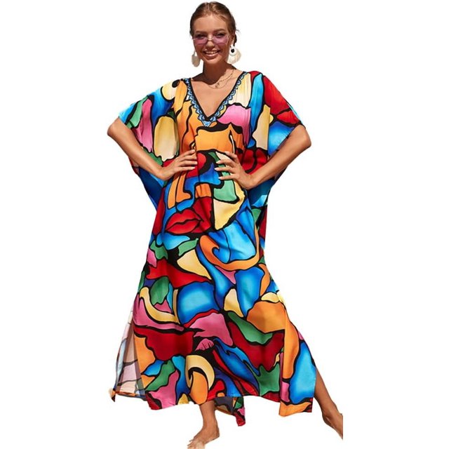 LinYooLi Swimsuit Coverup Women Beach Robe Print Long Blouse Plus Size Bikini Gown Holiday Dress