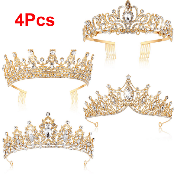4 Pack Birthday Crowns for Women Elegant Queen Gold Crystal Crowns Wedding Tiaras for Prom Birthday Cosplay Costumes