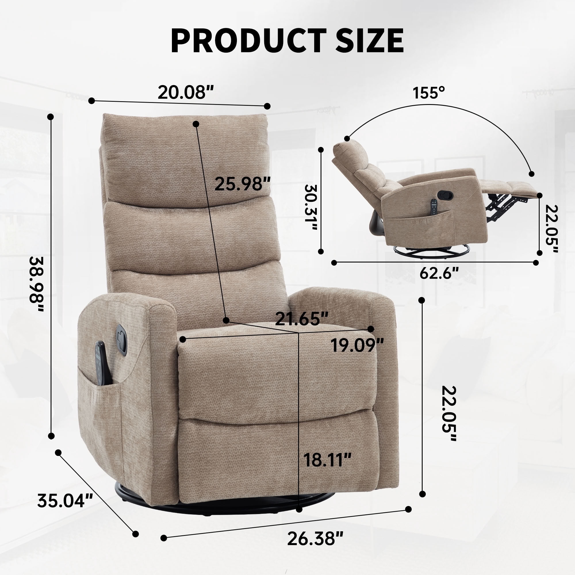 MAYEERTY 360 Degree Swivel Rocker Recliner Chair, Manual Recline Glider Chair with 8-Point Vibration Massage & Lumbar Heat, for Living Room Nursery Bedroom