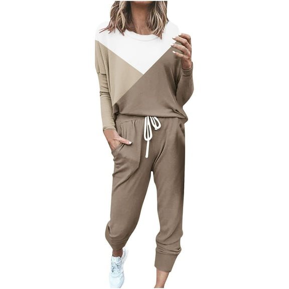 Aofany Two Piece Outfits for Women Loose Two-piece Sets Colorblock Long Sleeve Tops Casual Pants Sweatsuit Lounge Workout Sets for Women