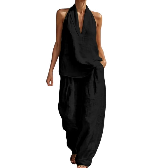 VISALY Womens Linen 2 Piece Sets Fashion Sleeveless V Neck Halter Top Matching Baggy Wide Leg Long Pants Set Summer Casual Outfits Trendy Loose Fit Cotton Linen Matching Lounge Set Black L