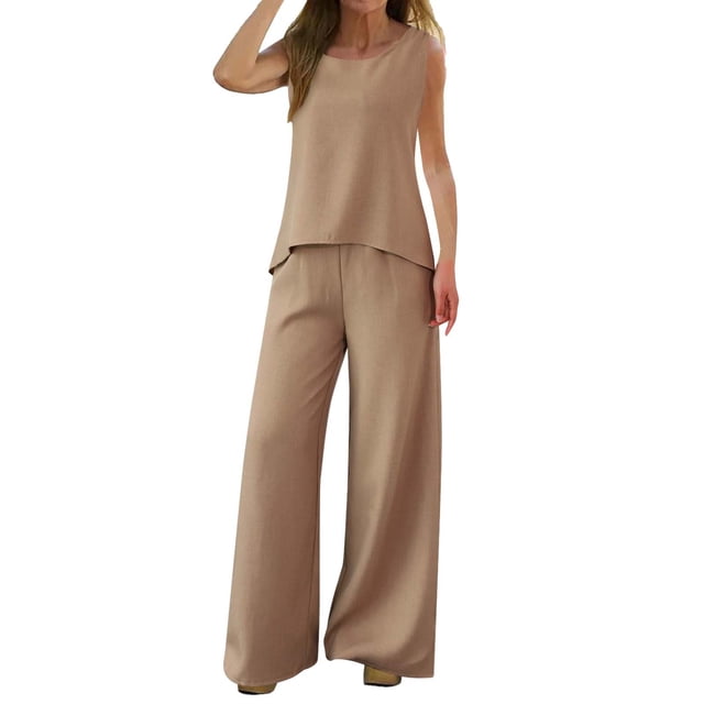 Conjunto de dos piezas de verano para mujer con chaleco sin mangas de color liso y espalda hueca de encaje - Poliéster, cuello cuadrado, pantalones de pierna ancha - Tallas S-XXL