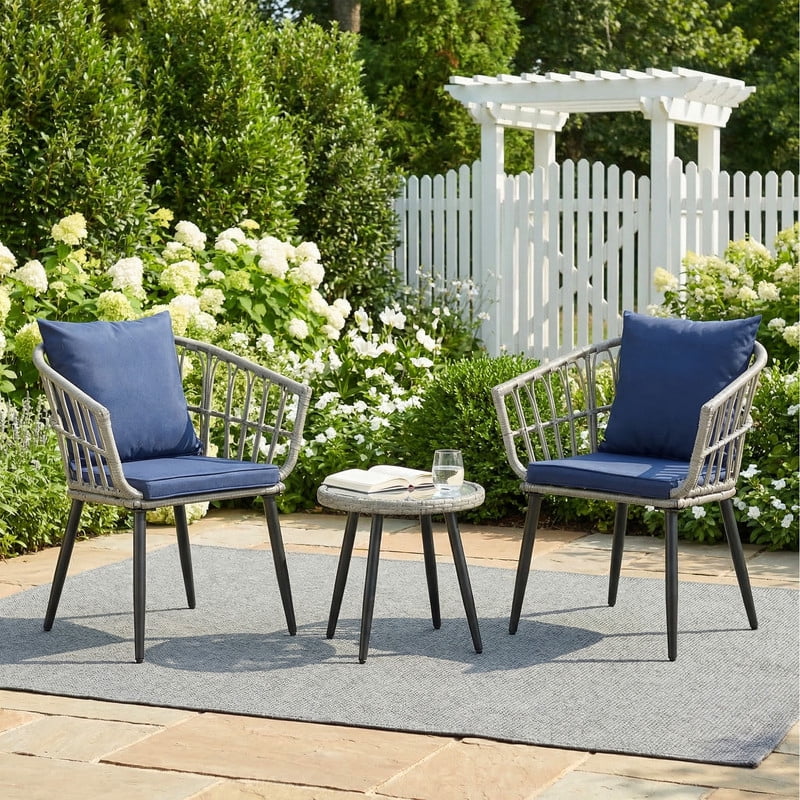 Simenmax 3 Piece Patio Wicker Furniture Set, Outdoor Rattan Chairs with Tempered Glass Coffee Table, Comfortable Washable Cushions for Balcony, Backyard, Poolside, Blue Gray