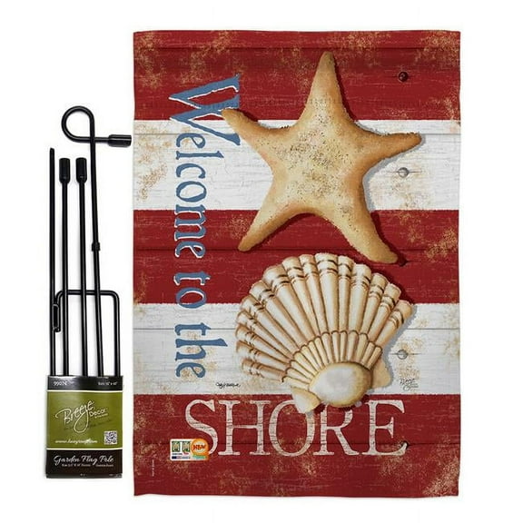 Breeze Decor BD-NA-GS-107058-IP-BO-D-US18-SB 13 x 18.5 in. Welcome to the Shore Coastal Nautical Impressions Decorative Vertical Double Sided Garden Flag Set with Banner Pole