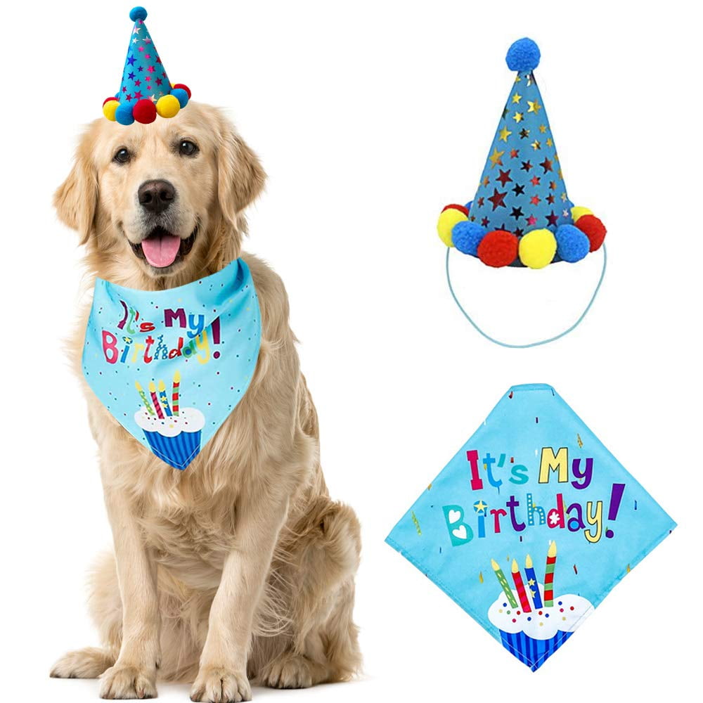 Soft Scarf & Adorable Hat for Party Accessory Pet Birthday Gift Decorations Set Dog Birthday Bandana with Birthday Candle Headband 