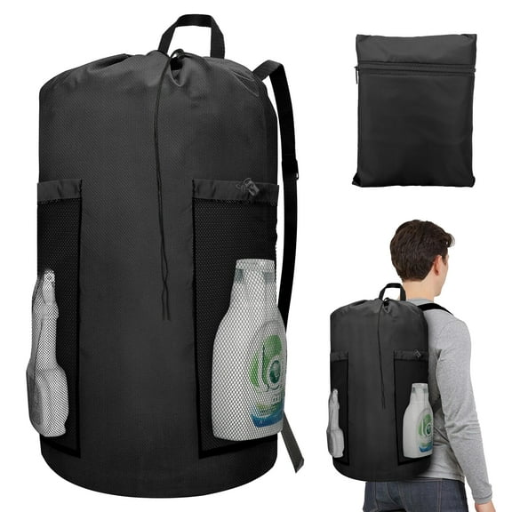 EEEKit Backpack Laundry Bag, 120L Extra Large Laundry Backpack, Portable Laundry Hamper Bag, Travel Laundry Bag for College, Laundromat, Apartment, Black