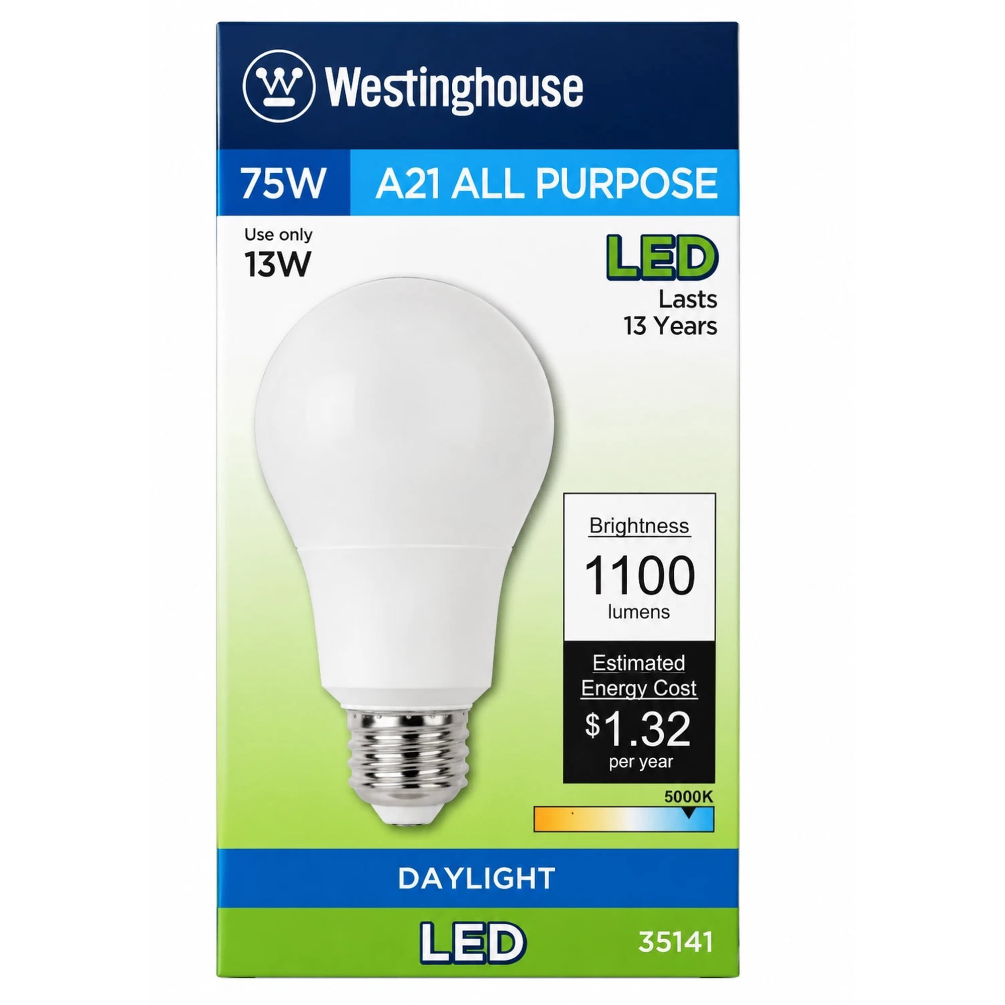 Westinghouse 35141 A21 All Purpose LED 13W (75W Equivalent) Daylight Light Bulb