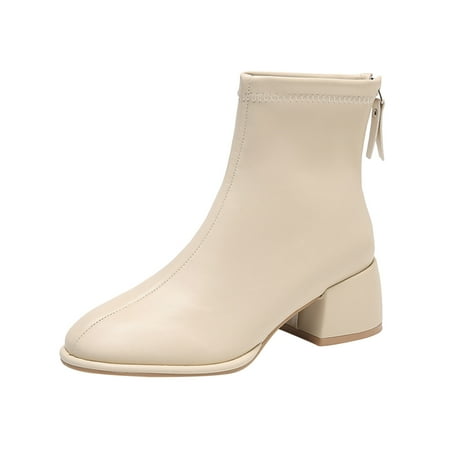

nsendm Womens Snow Boots Size 11 Ladies Fashion Solid Color Leather British Style Back Boots for Women Heel Chunky Beige 7.5