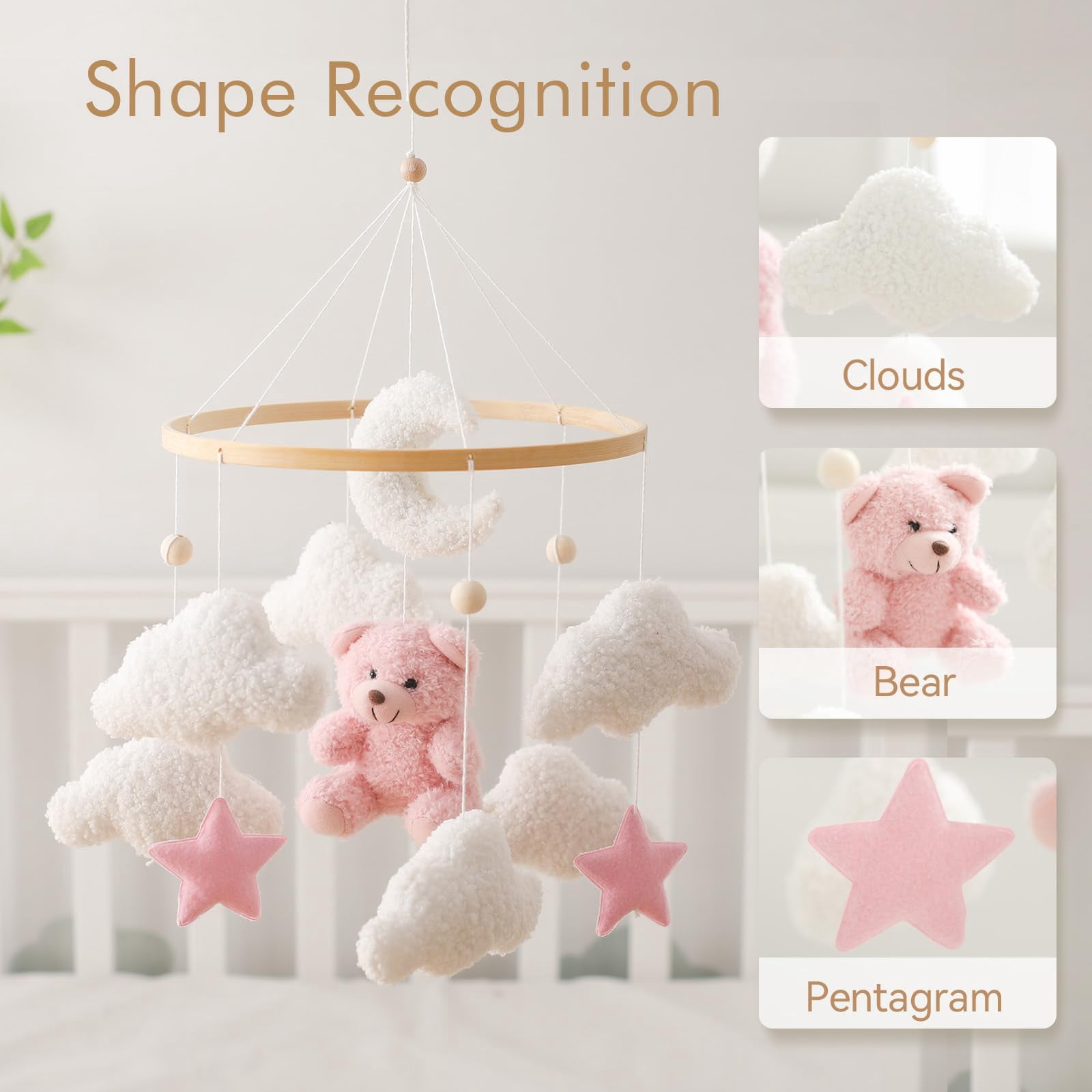 HYPERLIVING Baby Crib Mobile Bear Nursery Mobile for Boys Girls Teddy Velvet Mobile Nursery Decor for Infant Bedroom Hanging Baby Mobile for Bassinet Newborn Baby Gift（Pink Bear）