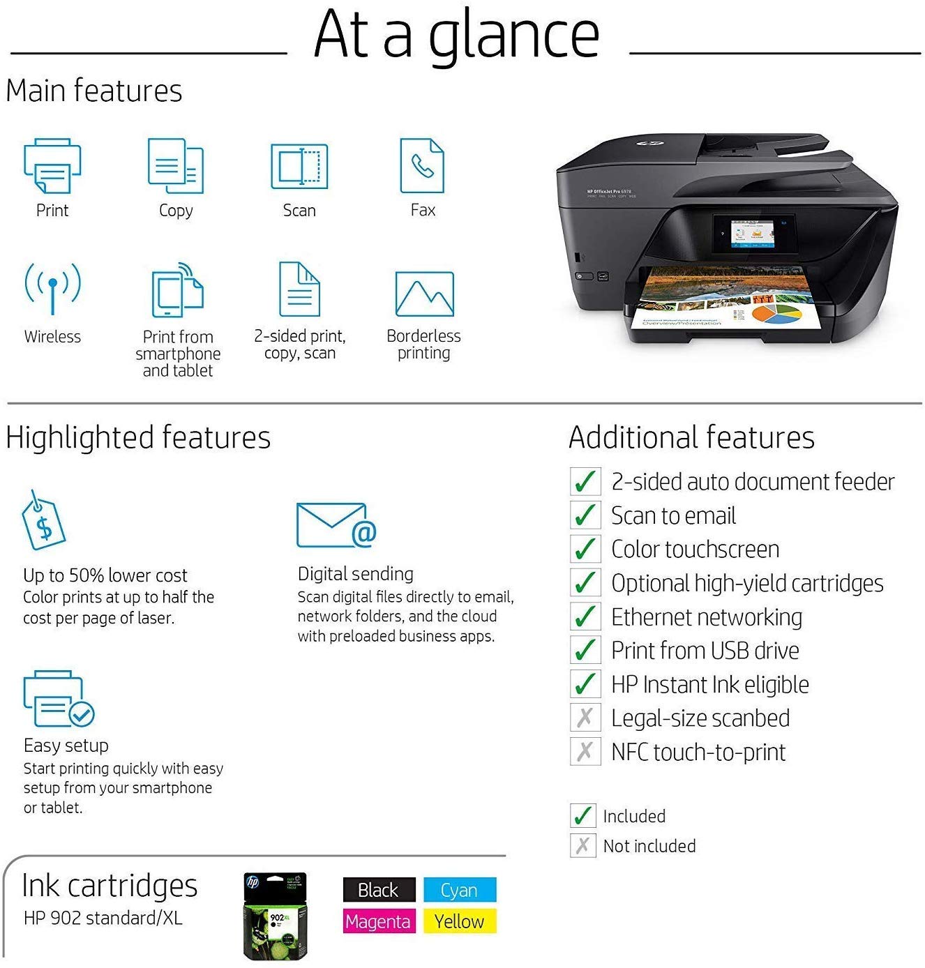 HP OfficeJet Pro 6978 Color Inkjet Wireless All-In-One Printer, Double Sided Print and Scan, Instant Ink Ready (T0F29A) - image 4 of 5