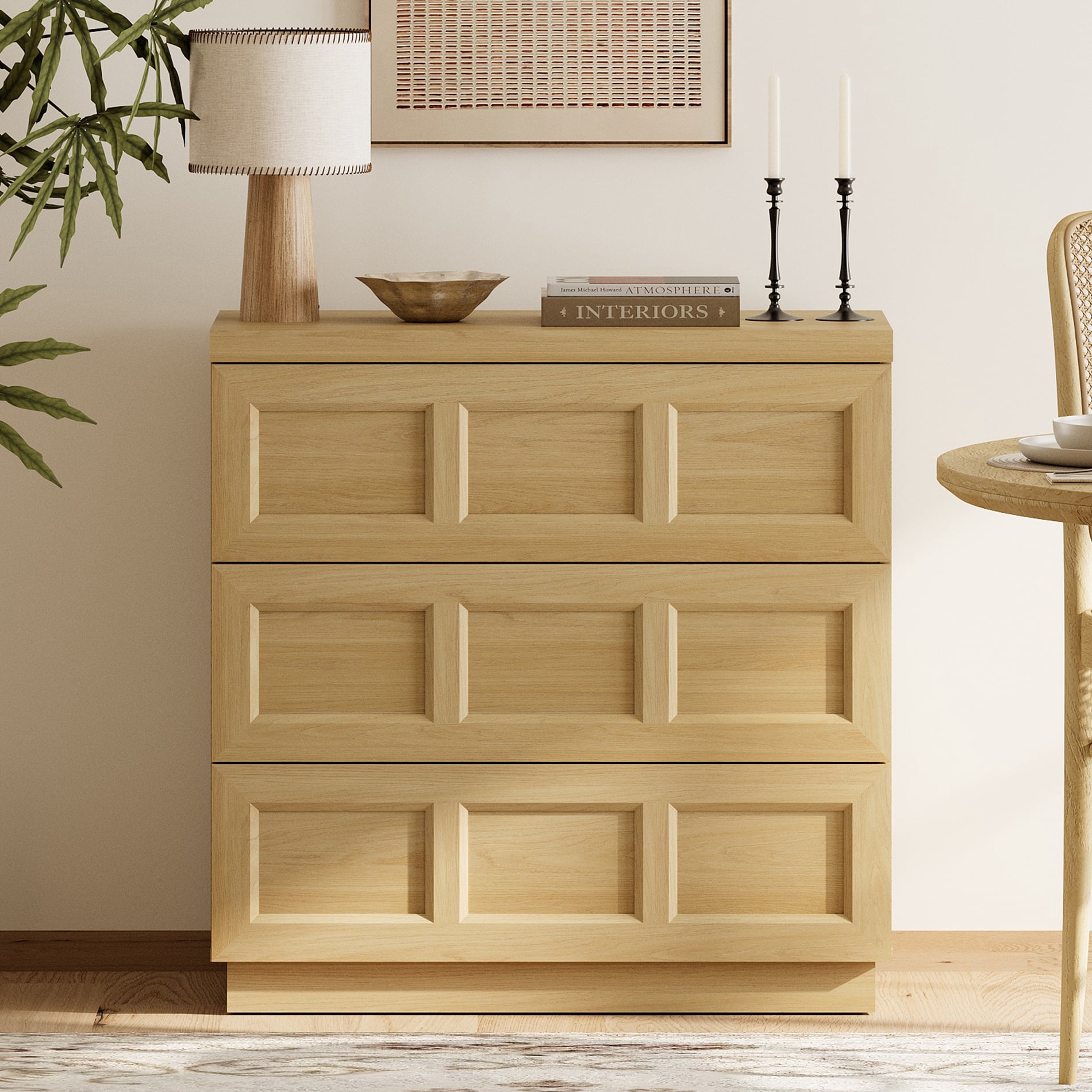 HOMOOI 3-Drawer Sideboard Cabinet, Boho 31.5" Thickened Wood Storage Buffet Console with Pop-Up Rebound Drawers, Smooth Silent Gliding Design, Anti-Wobble Stable Accent Cabinet for Dining Room,Oak