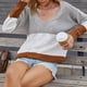 thumbnail image 4 of Suéter Manga Larga Cuello En V Raya Un Hombro Casual Tops De Moda Para Mujer Gris S, 4 of 6