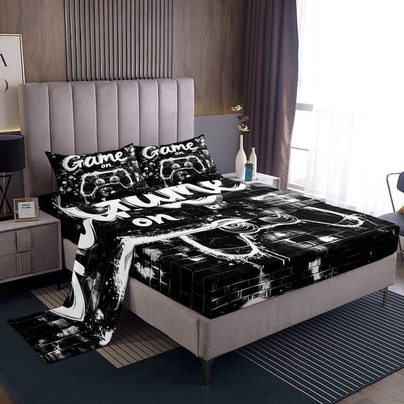 Erosebridal Black Gamepads Sheet Set Twin,Geometric Plaid Bedding Sets Twin Size,Video Game Twin Sheet Sets,Microfiber Gamer Room Decorative,3pcs