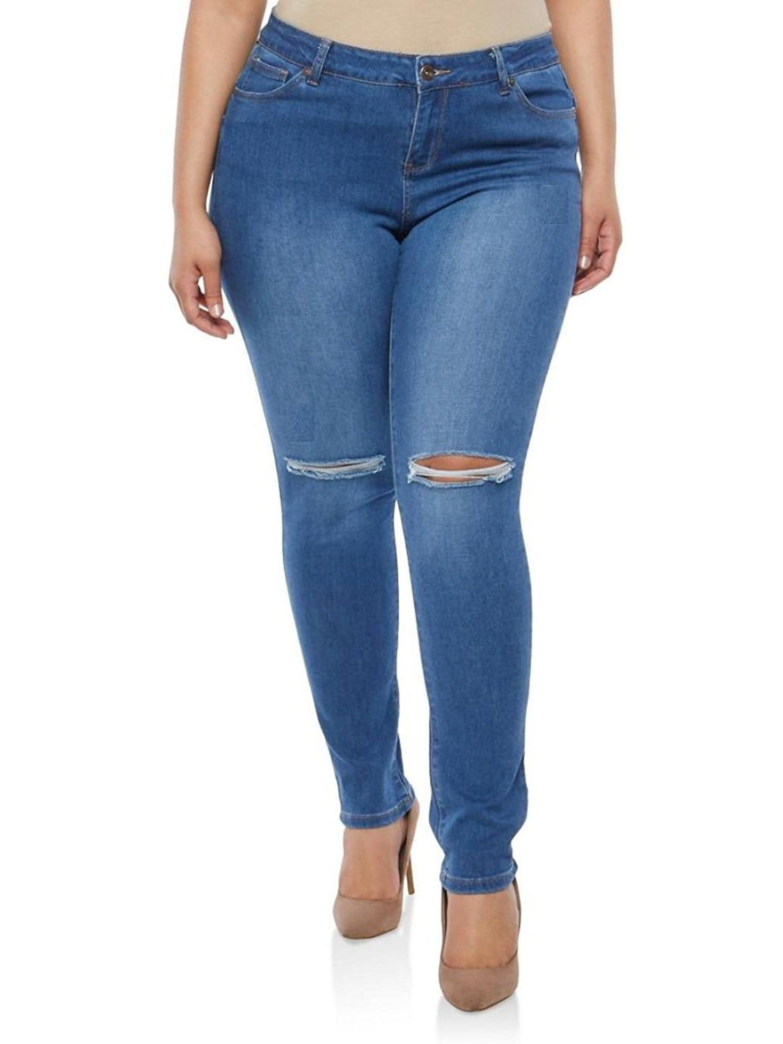 Jeans Womens Plus Size Distressed Knee Hole Ripped Stretch Jeans Skinny ...