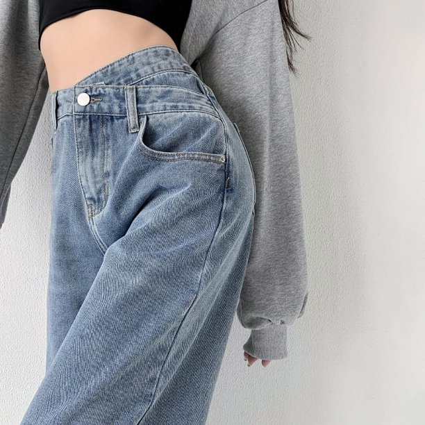 Pantalones vaqueros rectos de cintura asimétrica Vintage para mujer, pantalones vaqueros sueltos informales, pantalones de pierna ancha, ropa de calle para mamá, 2023